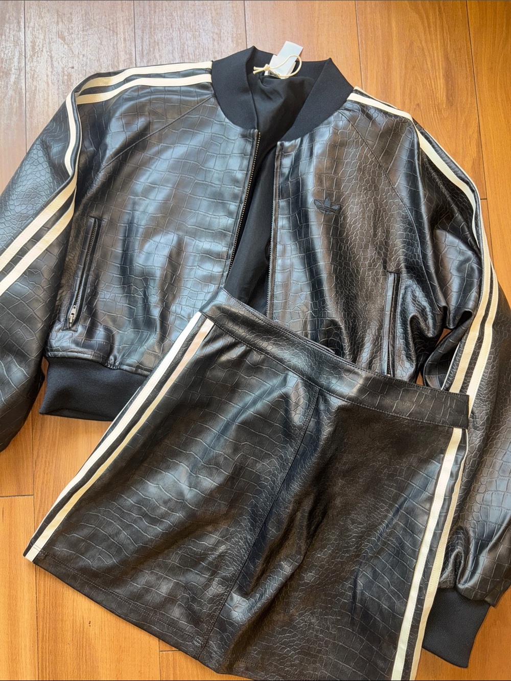 ADIDAS  Black Croc-Embossed Bomber Jacket and Skirt Set - Women's Two-Piece